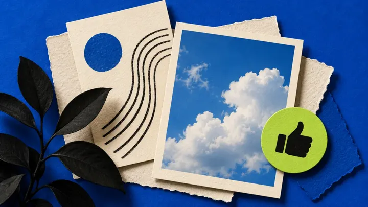 Paper cards and a bright reaction token in a blue editorial collage