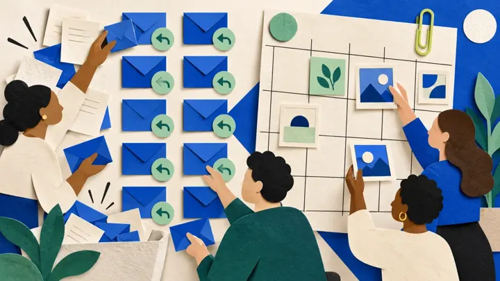 Paper envelopes and a calendar grid, a conceptual illustration of Hootsuite's publishing and inbox tools