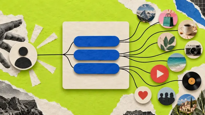 A paper card with branching links, a conceptual illustration of a Linktree bio page